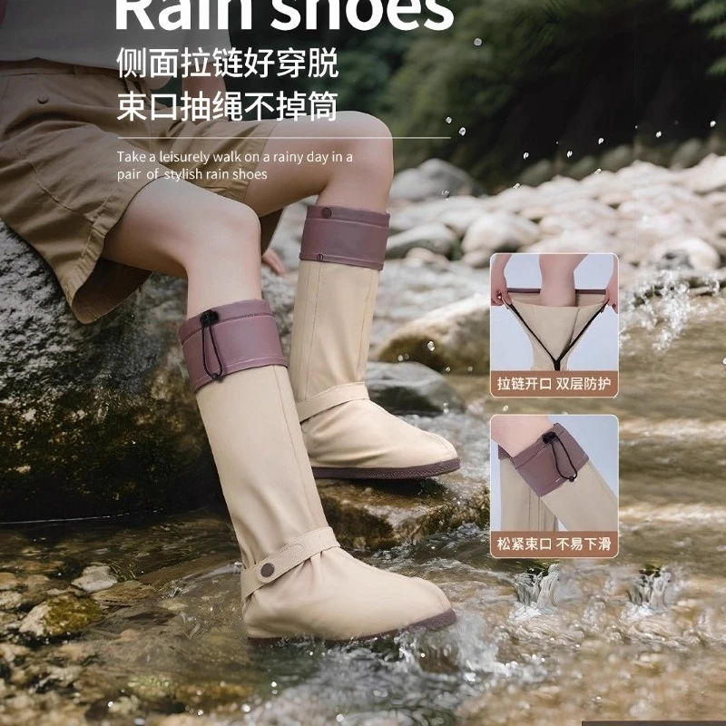 Unisex PVC High Leg Rain Shoe Covers Thick Wear Resistant Anti Slip Foot Protector For Student Cycling Hiking Outdoor Use