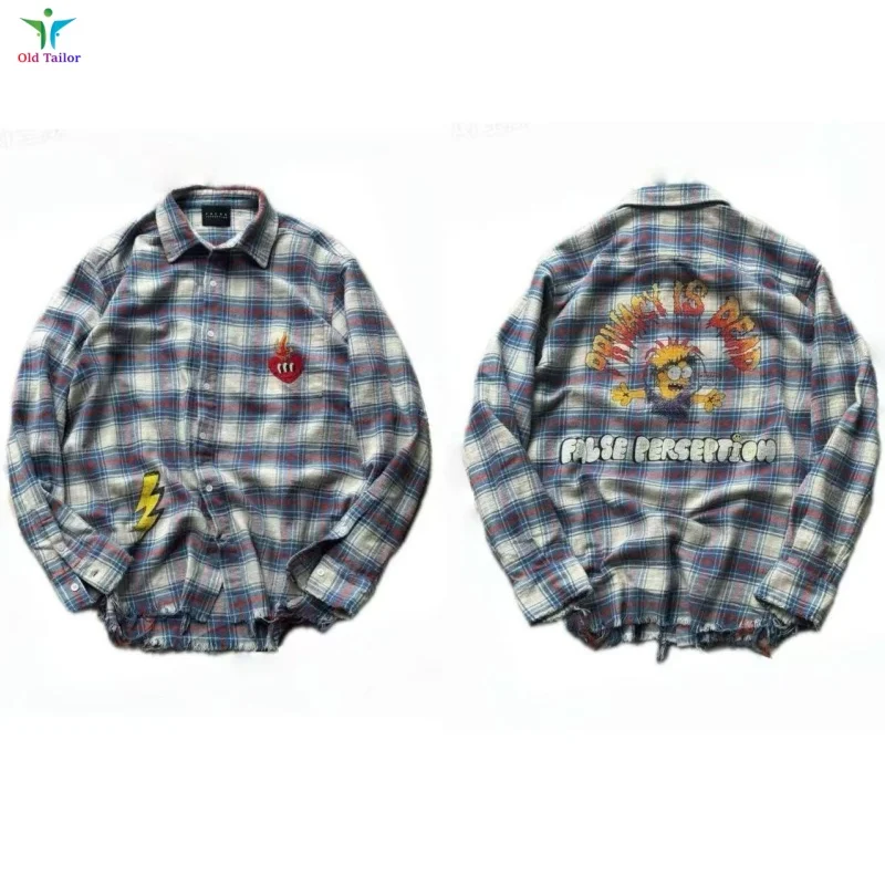 

26SS False Perception Мужские и женские рубашки в стиле хип-хоп, граффити и мультяшные стразы, клетчатые ретро, потертые рубашки