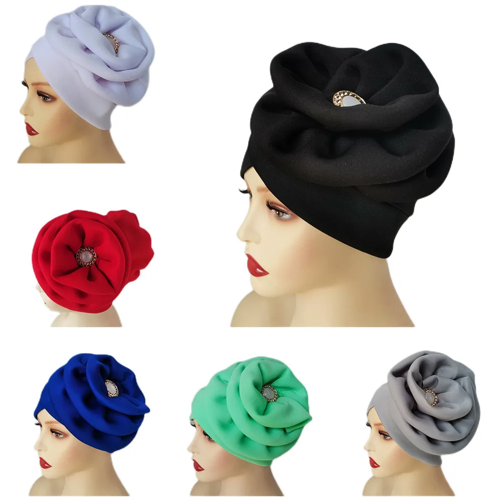 Big Flower Turban Bonnet For Women Rhinestones Muslim Female Headscarf Hat Ladies Head Wraps Ready to Wear Hijab Cap 6 Pcs/pack