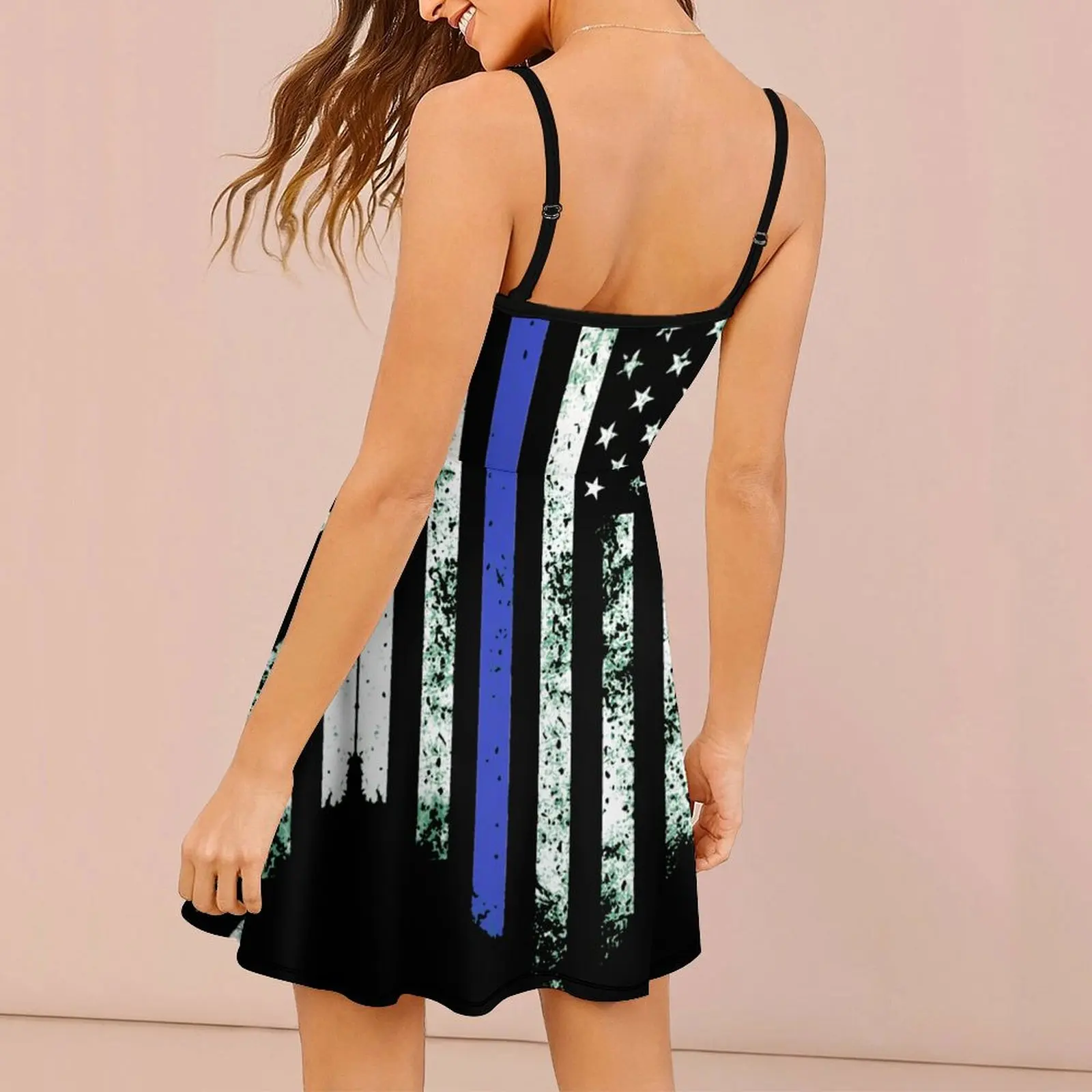 Exotic  Woman's Gown Strappy Dress Thin-Blue-Line-Distressed-American-Flag-Police-Patr Women's Sling Dress Creative  Vacations F