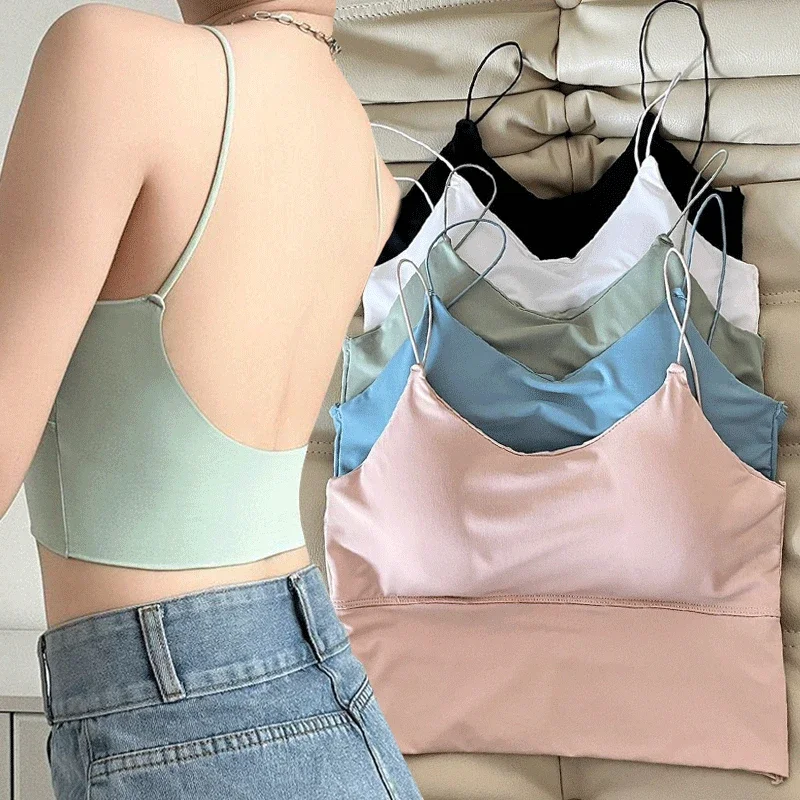 Summer Bra Ice Silk Crop Tops Sports Spaghetti Strap Vest Top Women Sexy Built In Bra Off Shoulder Sleeveless Camisole Underwear