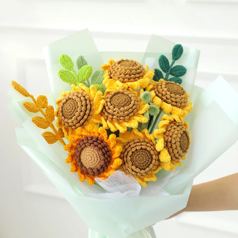 Bouquet de tournesol fini au crochet pour femme, fleurs artificielles mignonnes, décor de chambre à la maison, cadeau de mère, vente en gros