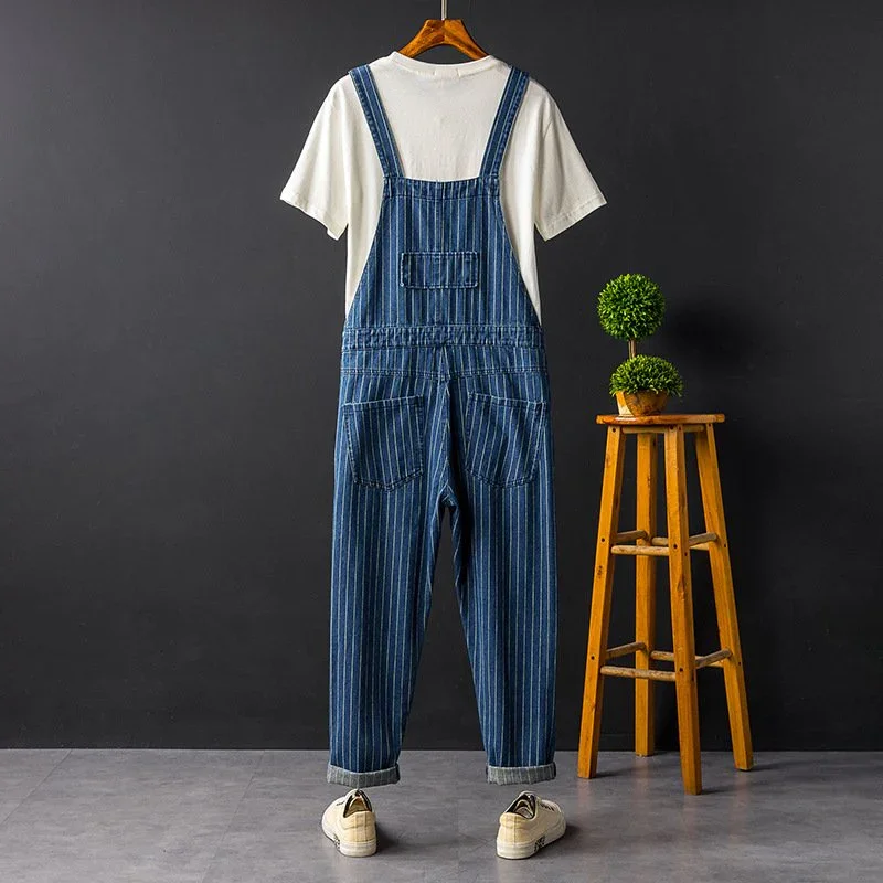 2023 Summer New Mens Bib Overalls Streetwear Denim Jumpsuits Moto Biker Jeans Trousers Male Striped Casual Long Pants Clothing