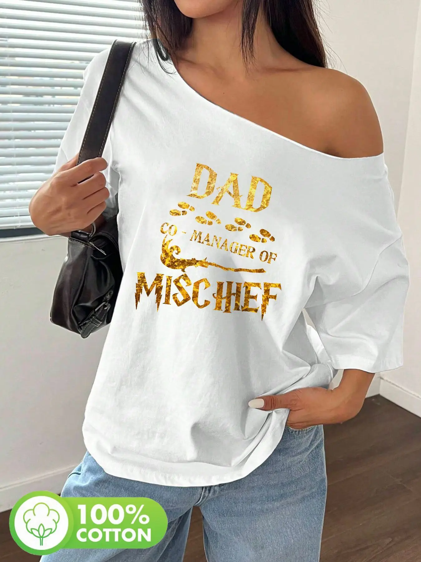 

Plus Size Dad Co-Manager of Mischief Gold Text Graphic Tee 100% Cotton Shoulder Loose Print T-Shirt Oversized Y2K Style Graph