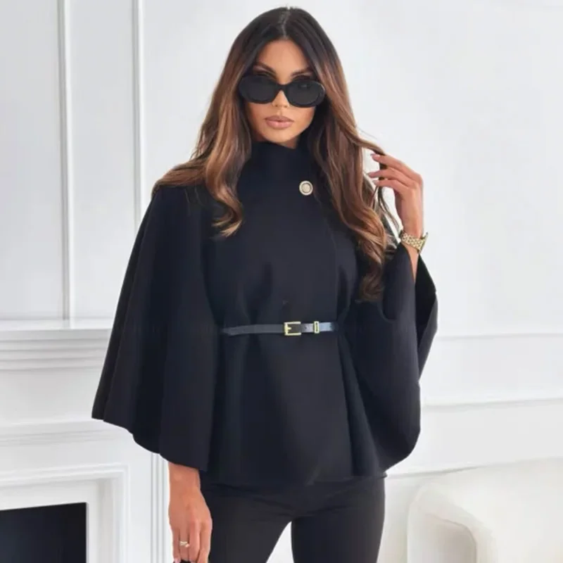 TRAF-Capa corta para mujer, chaqueta roja, marrón y negra, abrigo con manga de murciélago, nuevo en abrigos y chaquetas, capa elegante con cinturón, prendas de vestir exteriores 2024