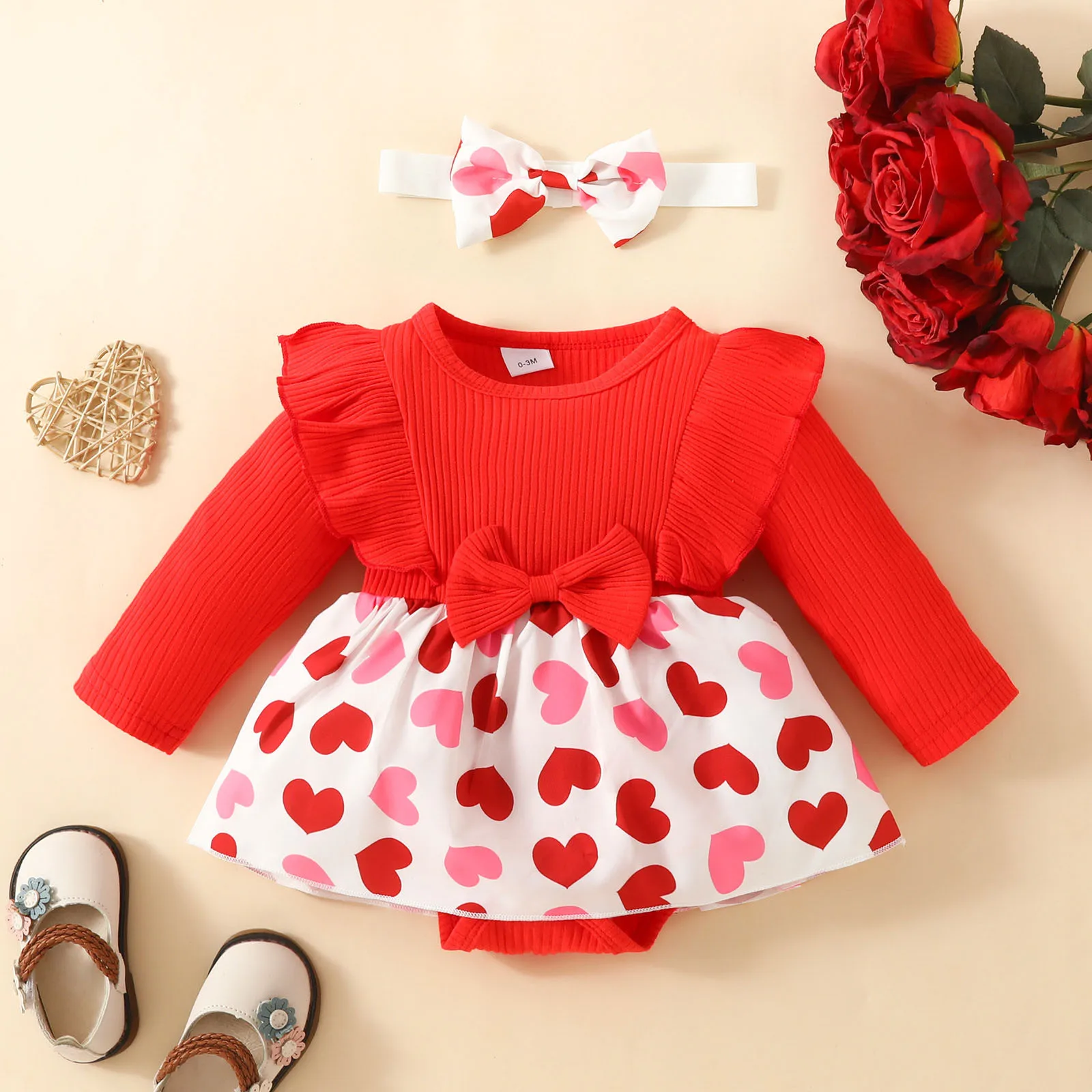 0-18months Infant Girl Valentine Day Rompers Heart Print Frill Trim Dress Ribbed Romper 3D Bow Headband Baby Girl Bodysuit Dress