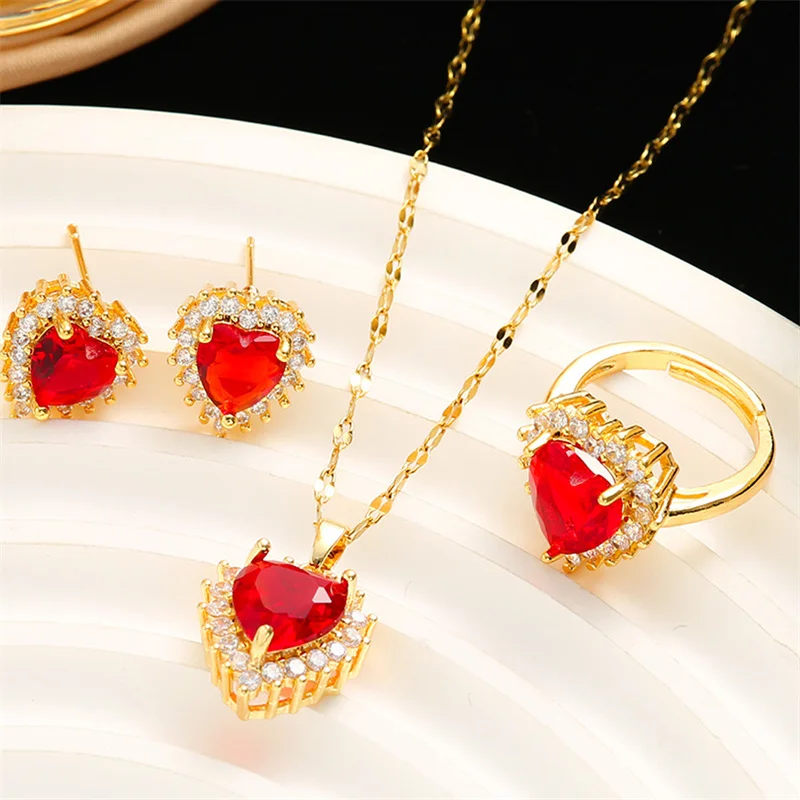 304 Stainless Steel Red Love Micro-inlaid Zircon Necklace Earrings Ring Wedding Ladies Jewelry Set  Bijoux Inoxydable Femme