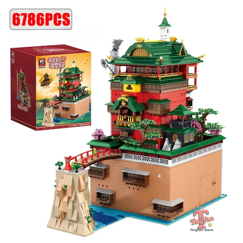 

6786 шт., городское масло, дом, суп, горячие источники, зал, модель отеля, наборы строительных кирпичей, креативные сцены, строительные блоки, игрушки, подарки для детей MOC