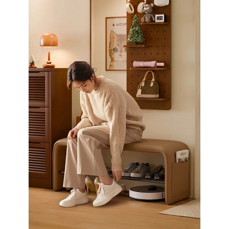 Shoe bench for home entry, genuine leather long bench at the entrance, light luxury high-end integrated double-layer shoe cabine