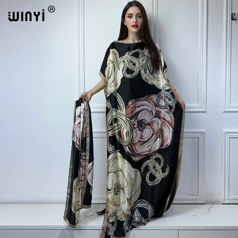 WINYI summer african Floral Print Crew Neck Long Sleeve Kaftan Dress, Elegant Maxi Length Dress, Women\'s Clothing