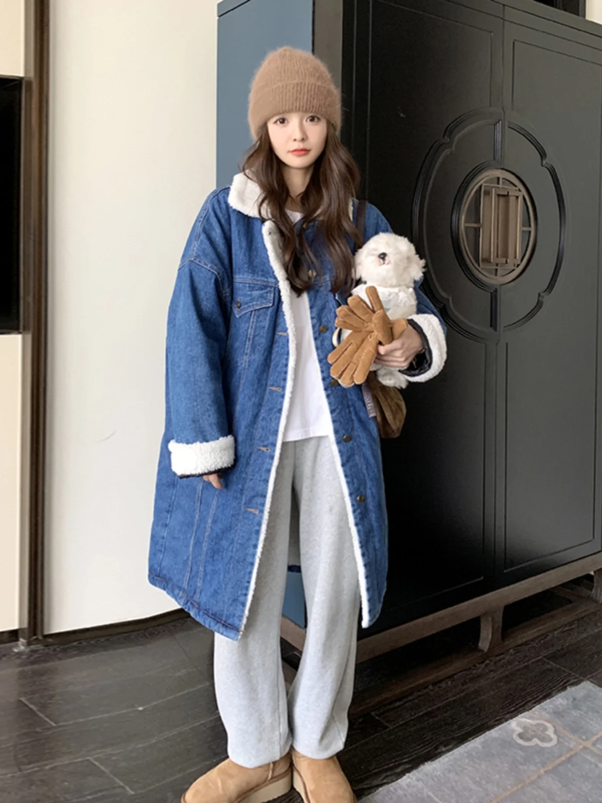 เสื้อแจ็คเก็ตยีนส์คอขนแกะสำหรับผู้หญิง ความยาวปานกลาง สำหรับฤดูหนาว ผ้าฝ้าย Thiened Fce  สไตล์เกาหลี แขนยาว