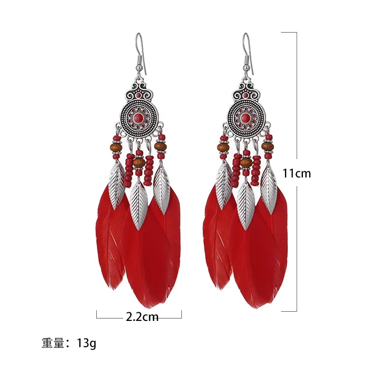 Bohemian Ethnic Feather Drop Earrings For Women Elegant Wood Beads Leaf Long Tassels Dangle Earring Girls Fashion Party Jewelry