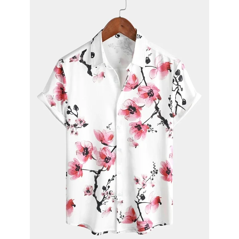 Men's Casual Pink Floral Print Summer Button Flower Short Sleeve Sakura Shirt Lapel Hawaiian Vacation Beach Shirt Ropa Hombre