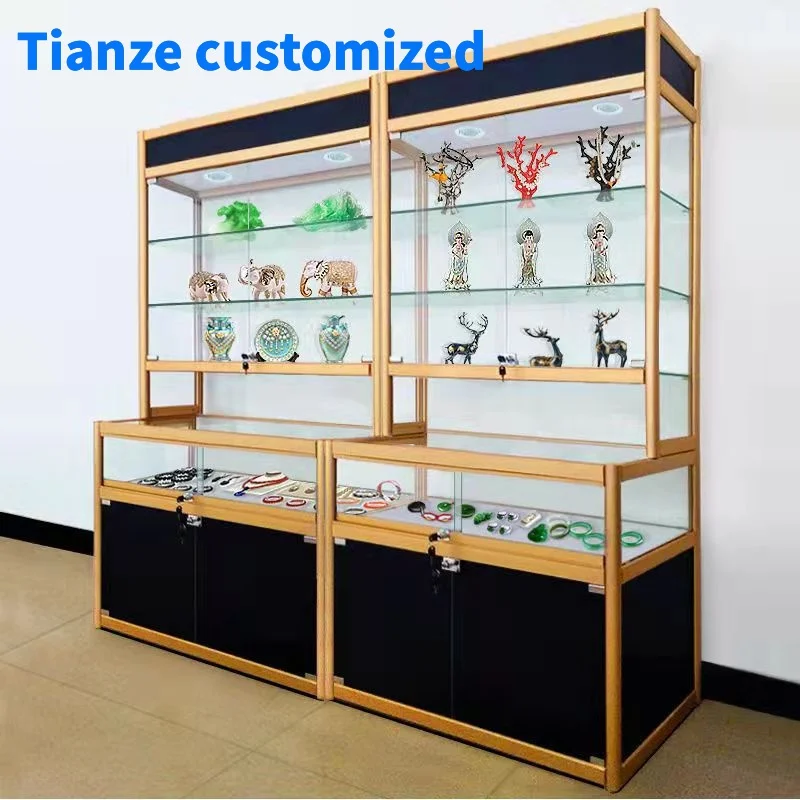 (customized)L-shaped golden frame aluminum glass cosmetic jewelry handmade toys  display counter standing floor full vison showc