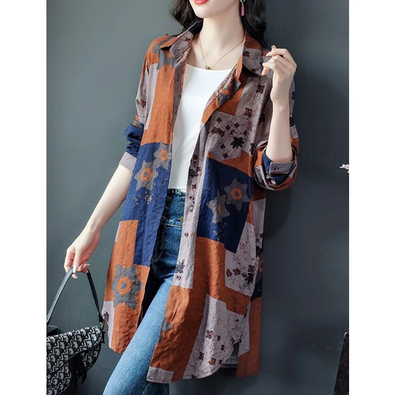 Frauen Kleidung Koreanische Vintage Print Baumwolle Leinen Einreiher Hemd Herbst Lange Hülse Lose Bluse Y2K Streetwear Tunika Tops