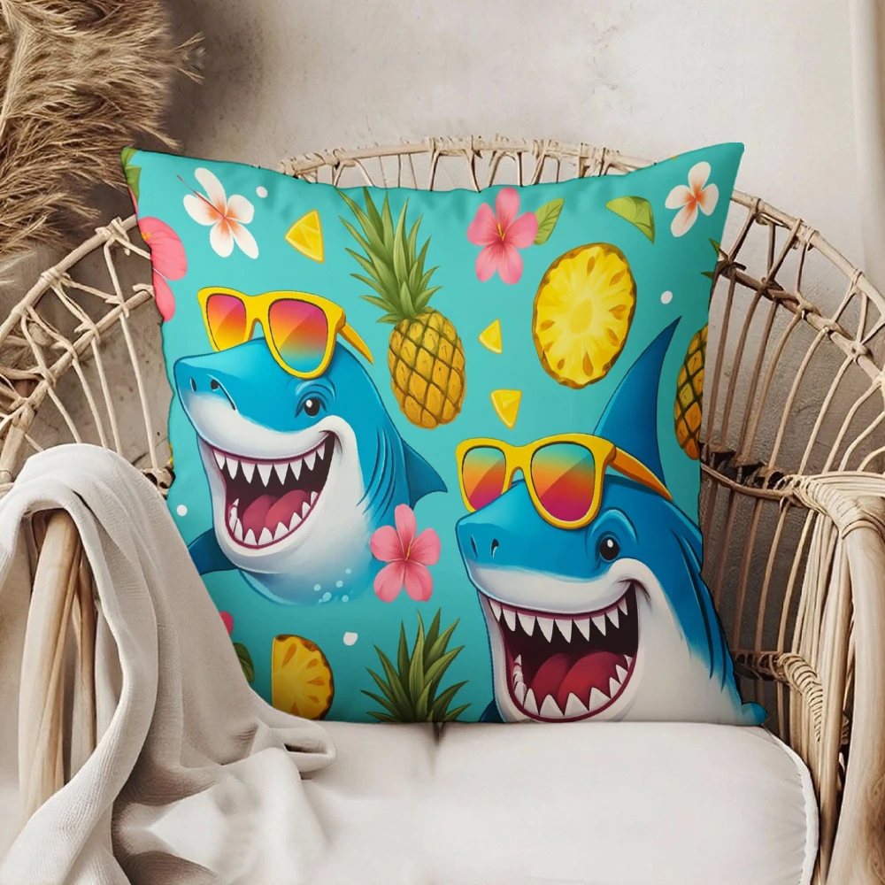 Square Throw Pillow Case Turquoise Blue Funny Shark Wearing Sunglasses Pineapple And Hibiscus Flower Print Tropical Summer Style