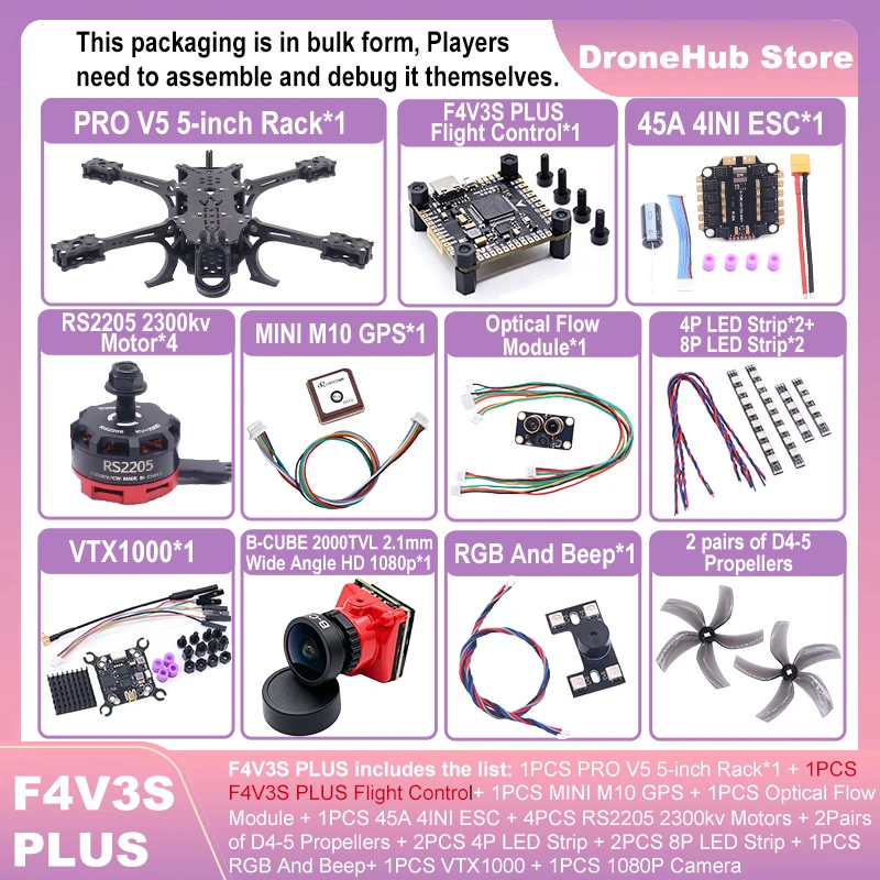 

B-CUBE PRO V5 5inch FPV Drone Frame Kit Carbon Fiber Racing Quadcopter Optical Flow M10 GPS INAV Beatflight H743 Flight Control
