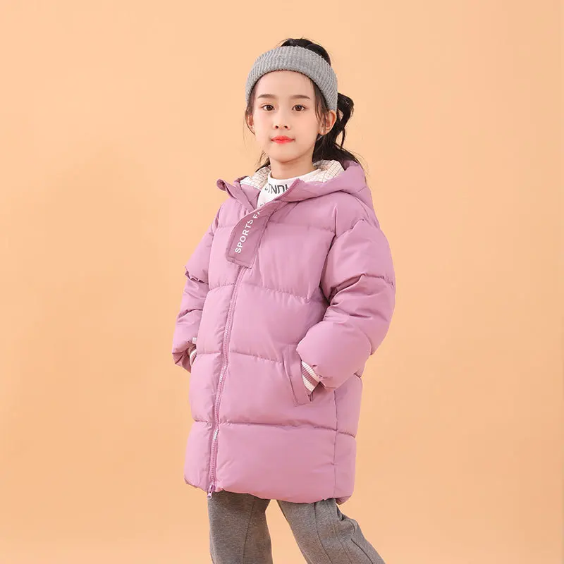 Autumn and winter new children's mid to long length down cotton jacket with plush and thick cotton coat, medium to large childre