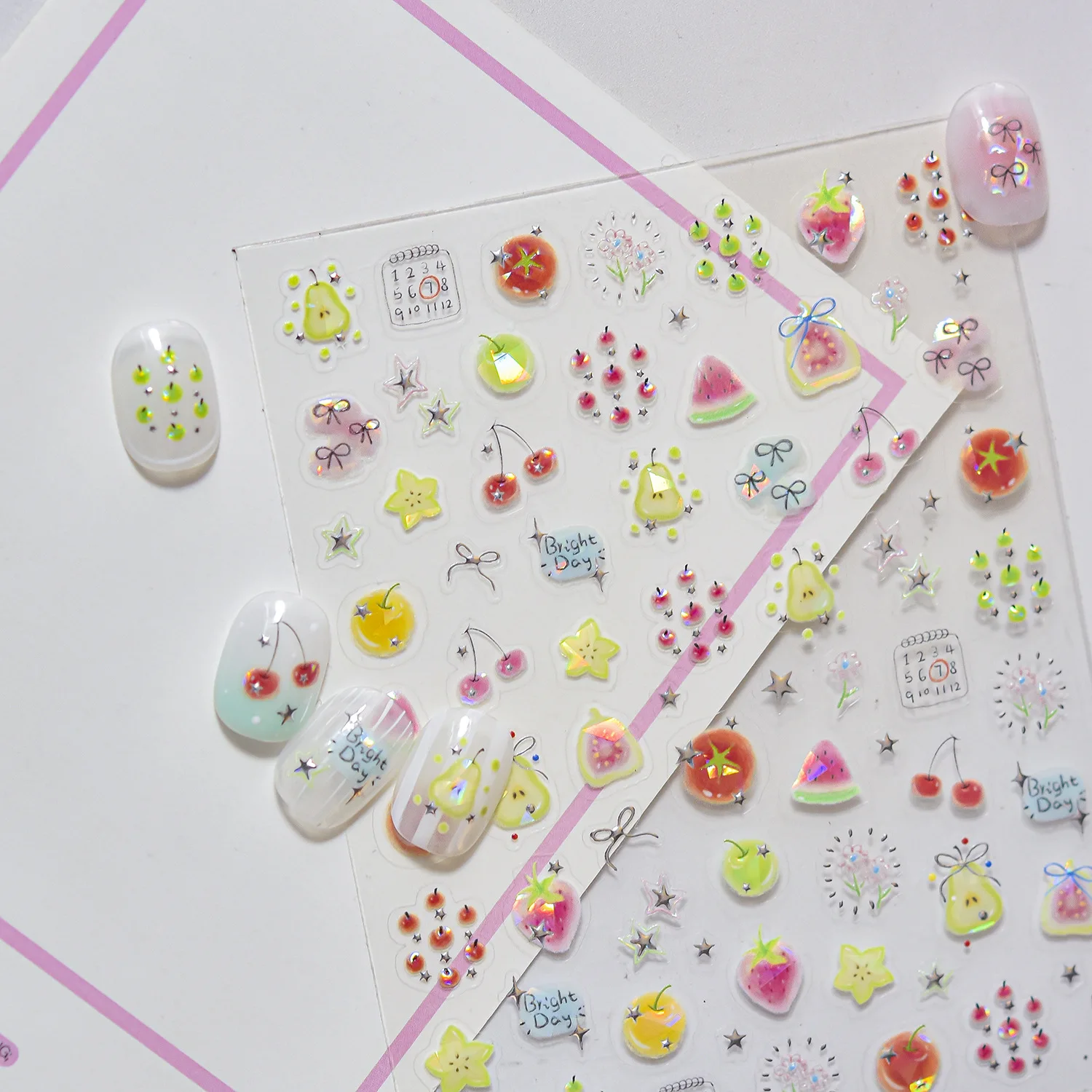 Pegatinas 5D para Uñas con Diseño de Frutas de Verano: Fresa, Manzana Roja, Cereza, Botella de Bebida, Cuadros, Encaje, Corazón, Lazo, Estrella, Flor Pequeña, Calcomanías para Decoración de Uñas