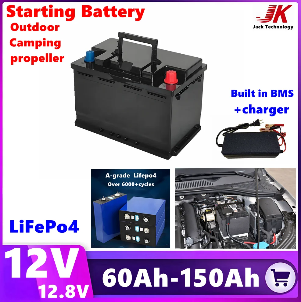 12V Lifepo4 100Ah High Safety 1000cca Starting Battery Lithium Iron 60Ah 80Ah Cranking Bateria or Outdoor RV Camping+10A Charger