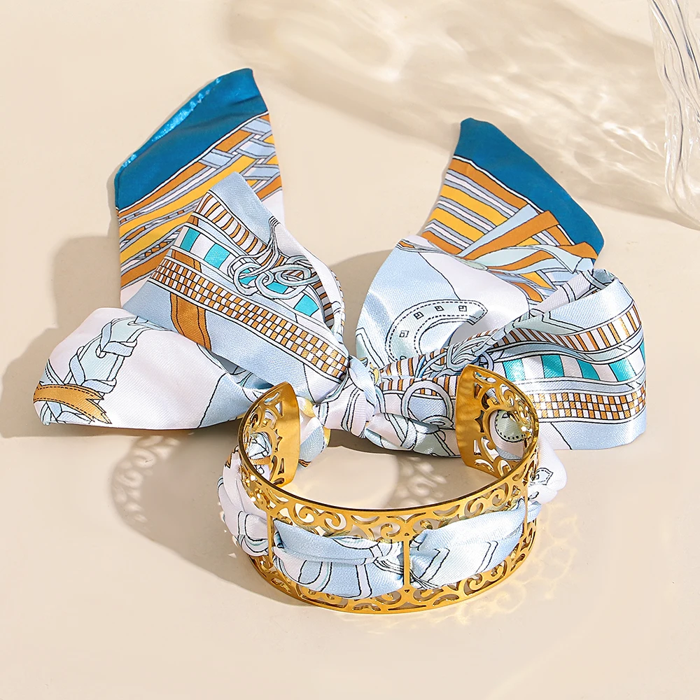 

DODOHAO Bohemian Ribbon Stainless Steel Open Wide Bangle for Women Retro Silk Scarf Fabric Bowknot Bracelet Jewelry Accessories