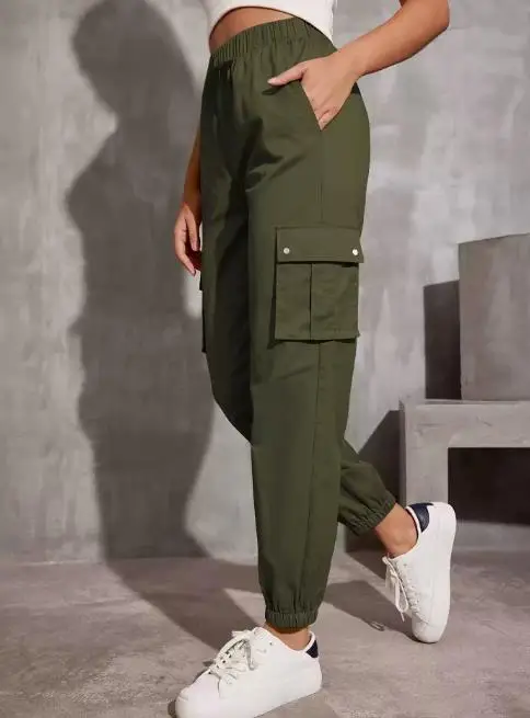 

2025 Solid Color High Waisted Multi Pocket Design Slim Fit Ankle Pants for Women Trendy Personalized and Fashionable Work Pants