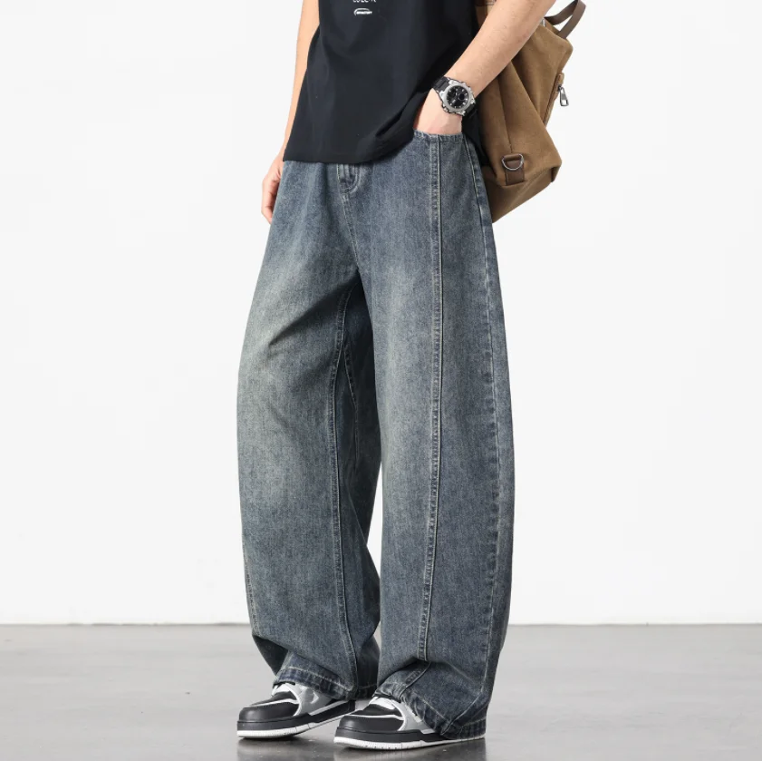 Men's Loose Fit Denim Pants with Side Split Design Loose Flare Fit Vintage Washed Versatile Draped Floor Length