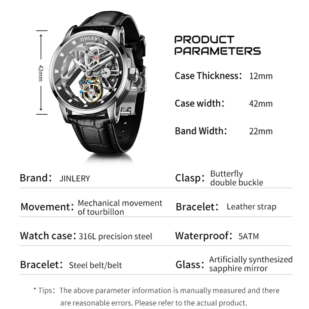 JINLERY Original Men\'s Luxury Real Tourbillon Mechanical Watch Fashion Sports Waterproof Skeleton Wristwatch Relogio Masculino