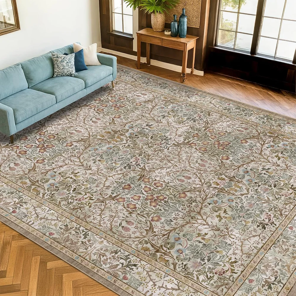 Extra Large 8x10 Oriental Vintage Moss Green Area Rug Neutral Washable Low Pile Carpet for Kitchen Dining Room Home Decor