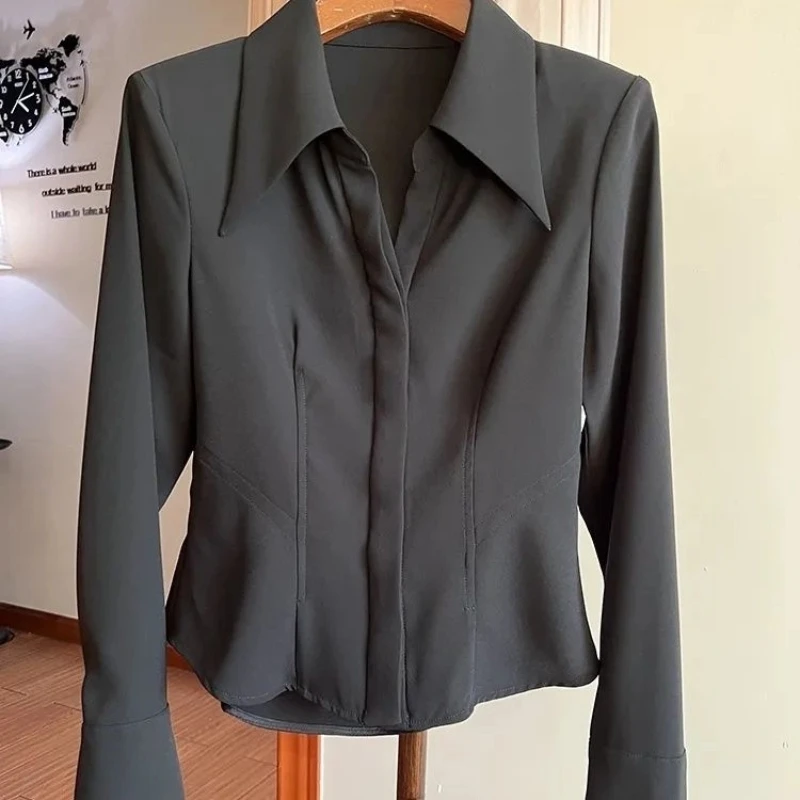 Simplicidade magro temperamento camisa topos primavera outono nova manga longa polo pescoço sólido elegante blusa escritório moda roupas femininas