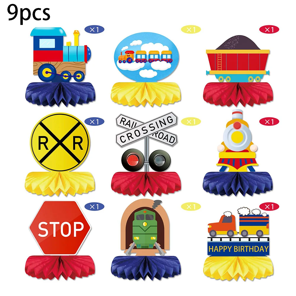 9Pcs Railroad Train Crossing Theme Honeycomb Centerpieces Railway Train Crossing Sign Table Topper Kid Birthday Party Booth Prop