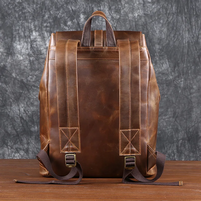 Mochila De piel de vaca de gran capacidad para ordenador, bolso de viaje con cordón de cuero Crazy Horse