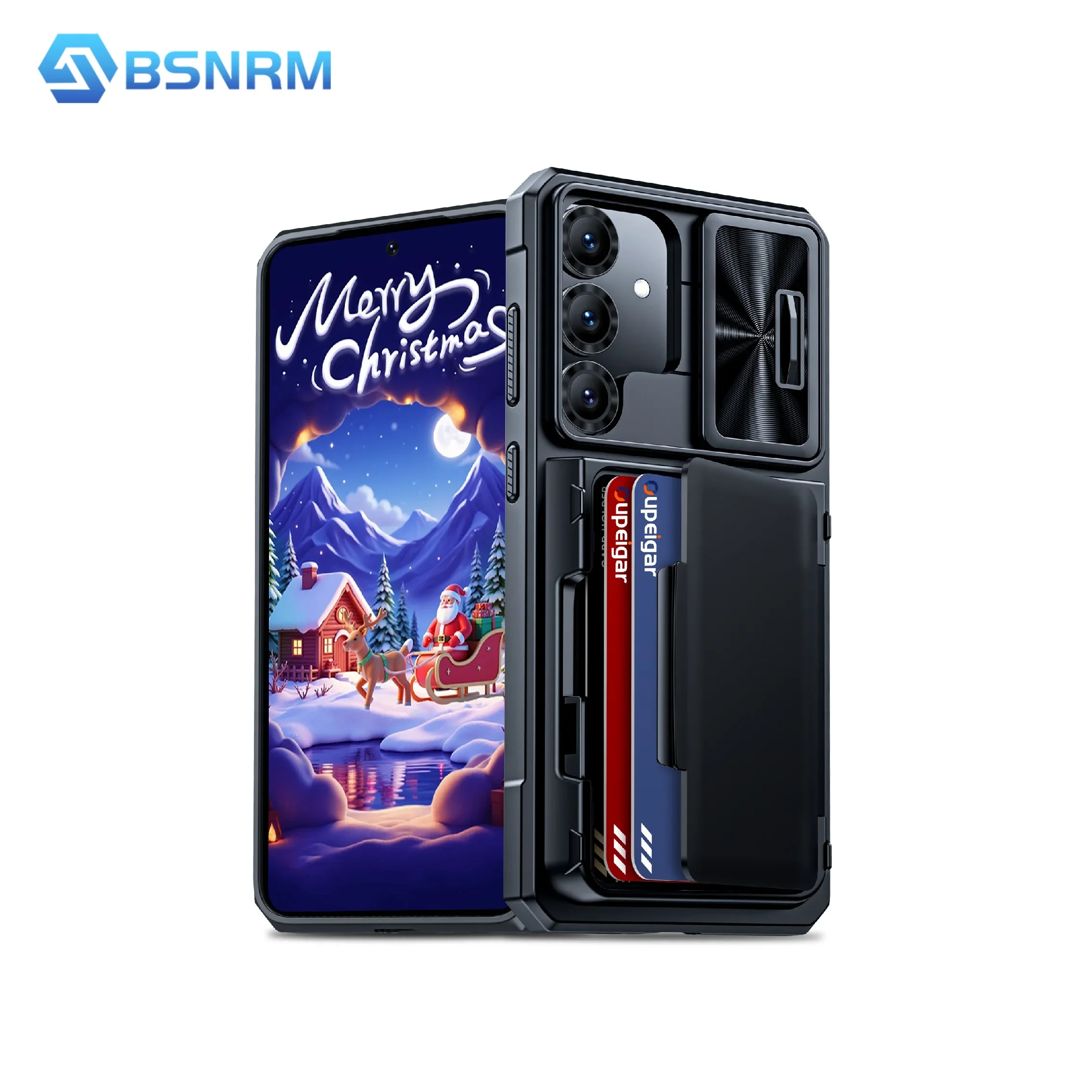 هدية عيد الميلاد، لحافظة الهاتف Samsung S25 Plus، مع حامل البطاقة وحامل حافظة الكاميرا، حافظة مقاومة للصدمات RFID - أسود #1