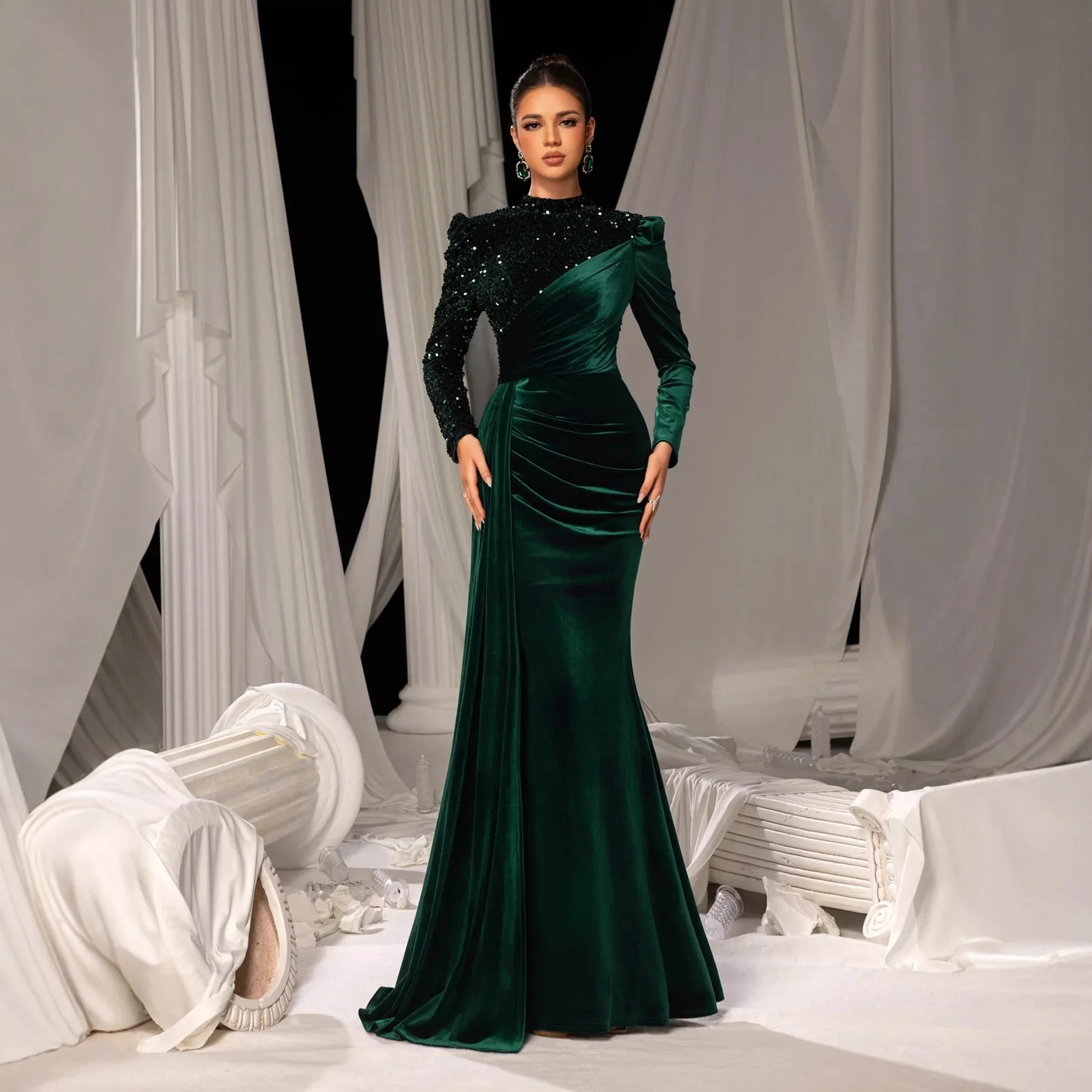 

Elegant Long Evening Gown with Sequins Slim Fit Stand Up Collar Corduroy Long Dress for Women