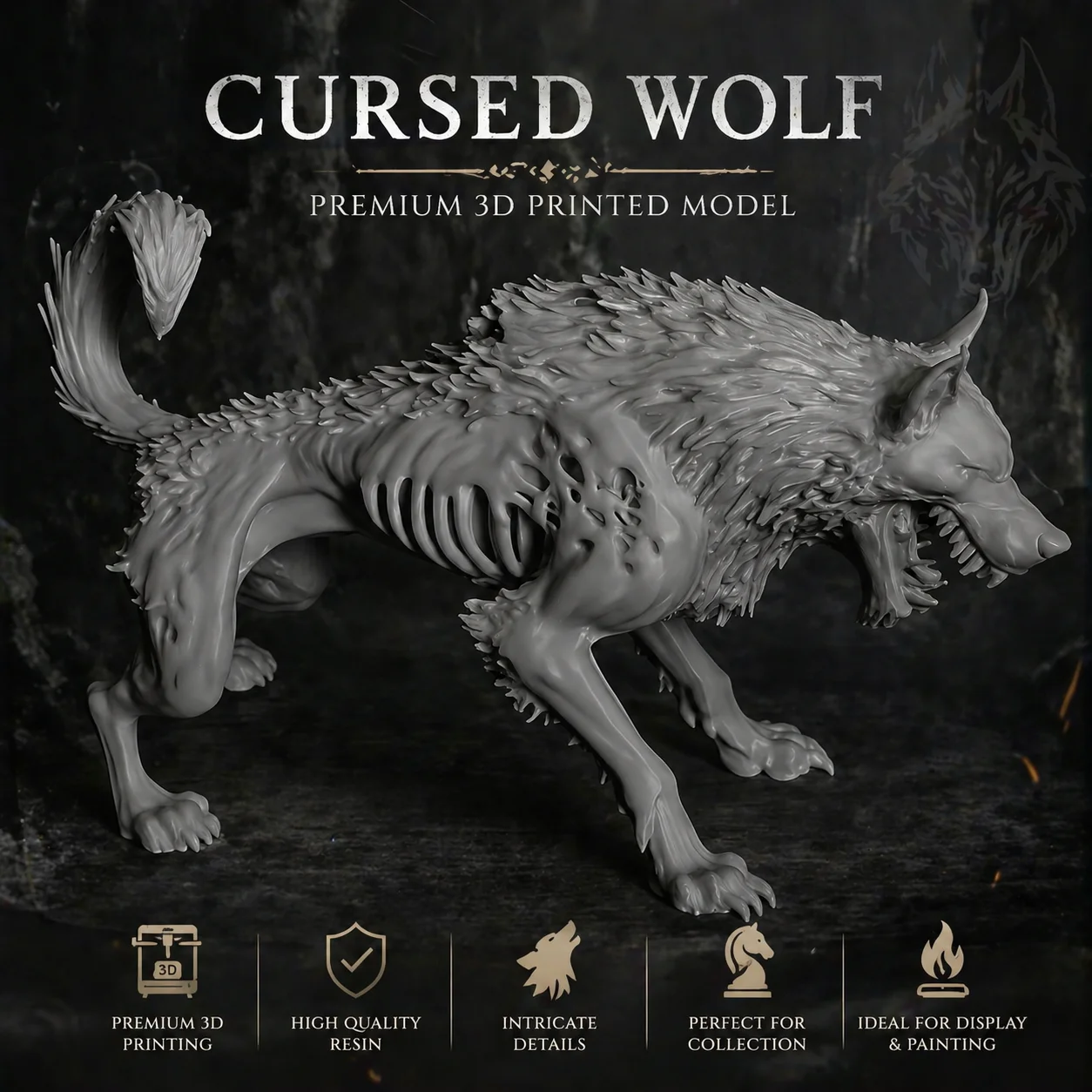 3D Printed Hellhound, with Cracked Bone Texture + Ferocious Pose, the Ultimate Dark Desktop Icon