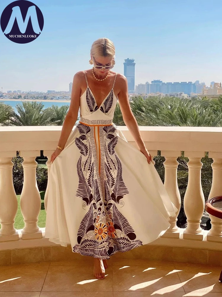 

Elegant Womens Dresses 2025 Summer New Sexy Print V Neck Sleeveless Sling Dress Fashionable Slim Fit Backless Bow Dresses