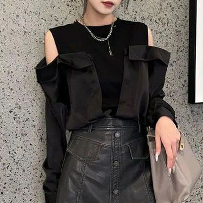 Women\'s Stylish Sexy Off Shoulder Patchwork Fake Two-piece Shirt Korean Elegant Chic Solid Blouse Autumn Long Sleeve Loose Tops