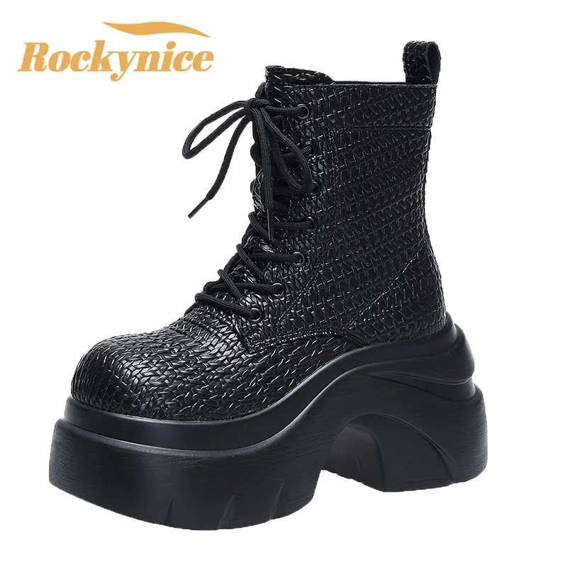 

Женские мотоциклетные ботинки на массивном массиве, осенние кожаные кроссовки на скрытом каблуке, зимние ботинки на платформе 9 см, плетеные женские ботинки до середины икры