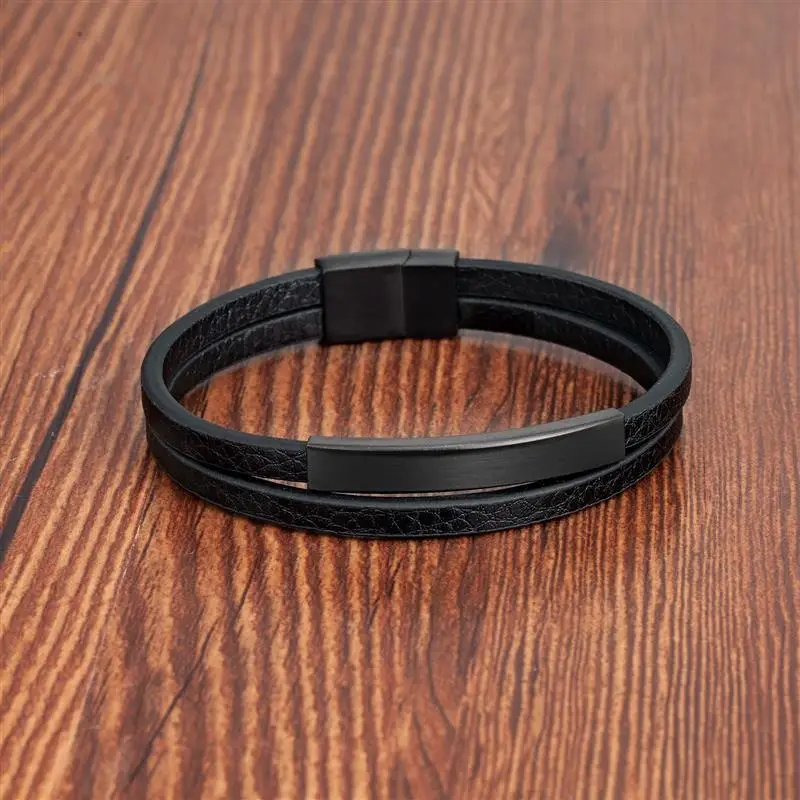 Jiayiqi Men\'s Black Genuine Leather Bracelet Classic Stainless Steel Insert Double-layer Braid Bangles For Men Wholesale Custom