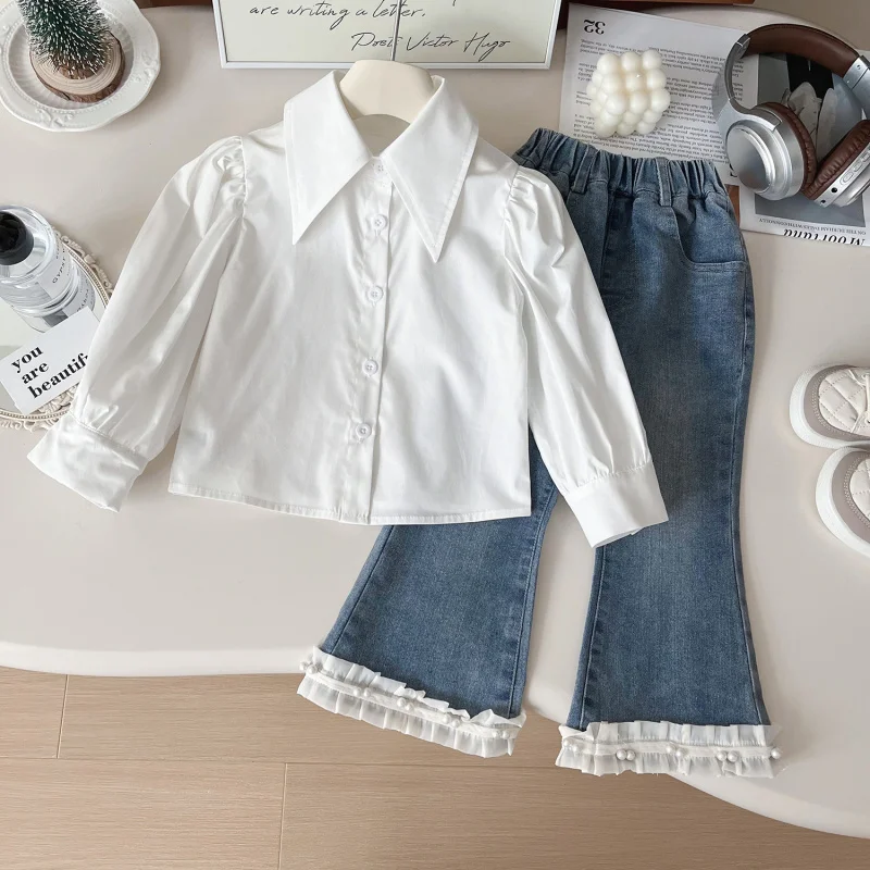 

2025New Style Girls' Spring Outfit Fashionable Autumn Knitted Vest Shirt Jeans Three-Piece Set