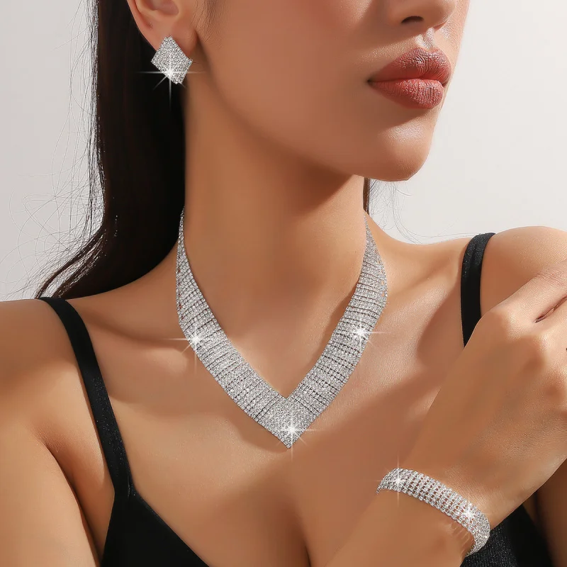 

European and American Fashion Exaggerated Claw Chain Full Diamond Rhinestone Necklace Earring Bracelet Suit Popular Full Diamond