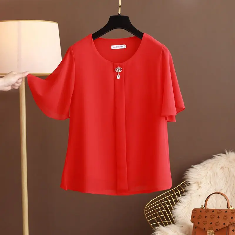 Women Clothing Ruffled Chic Elegant Chiffon Blouses Summer Fashion Round Neck Short Sleeve Solid Shirts Simple Casual Loose Tops