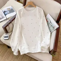 Heavy Industry Beaded Versatile Loose Solid Sweatshirt Women's 2025 Autumn/winter Cotton Style Casual Pullover Top
