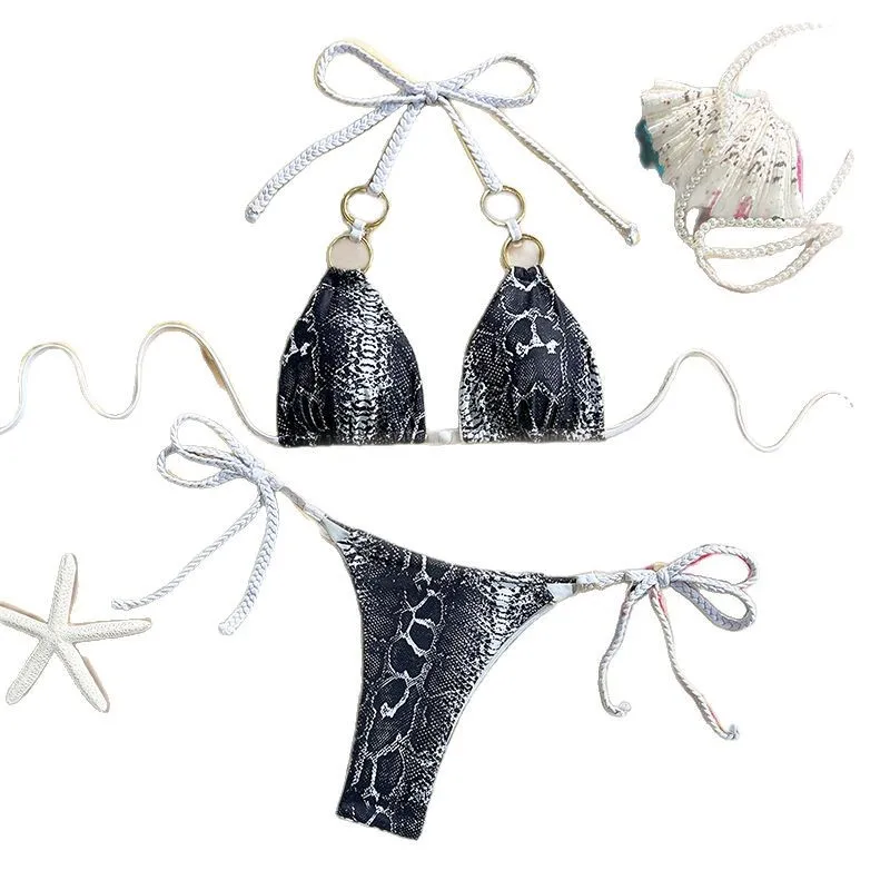 Women's Snake Print Halter Bikini Set Sexy Triangle Tie-Front & Halter Neck Swimwear Summer Two-Piece Tie-Dye Details Beachwear