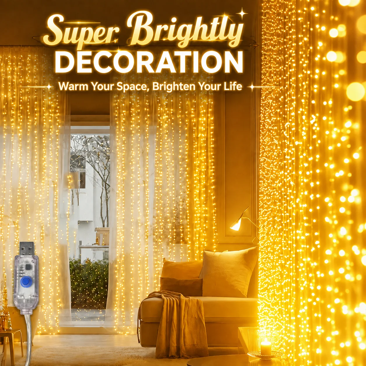 Christmas Curtain Lights USB Powered 3x1M 3x2M 3x3M 8 Modes LED Fairy Lights for Window Bedroom Party Wedding Decor