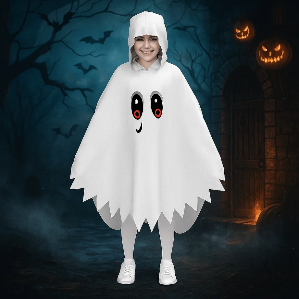 Incandescente Halloween Bambini Mantello Cosplay Bianco Nero Divertimento Interazione Festa Vestire Abbigliamento Prop Sciolto Fantasma Mantello con cappuccio Regalo
