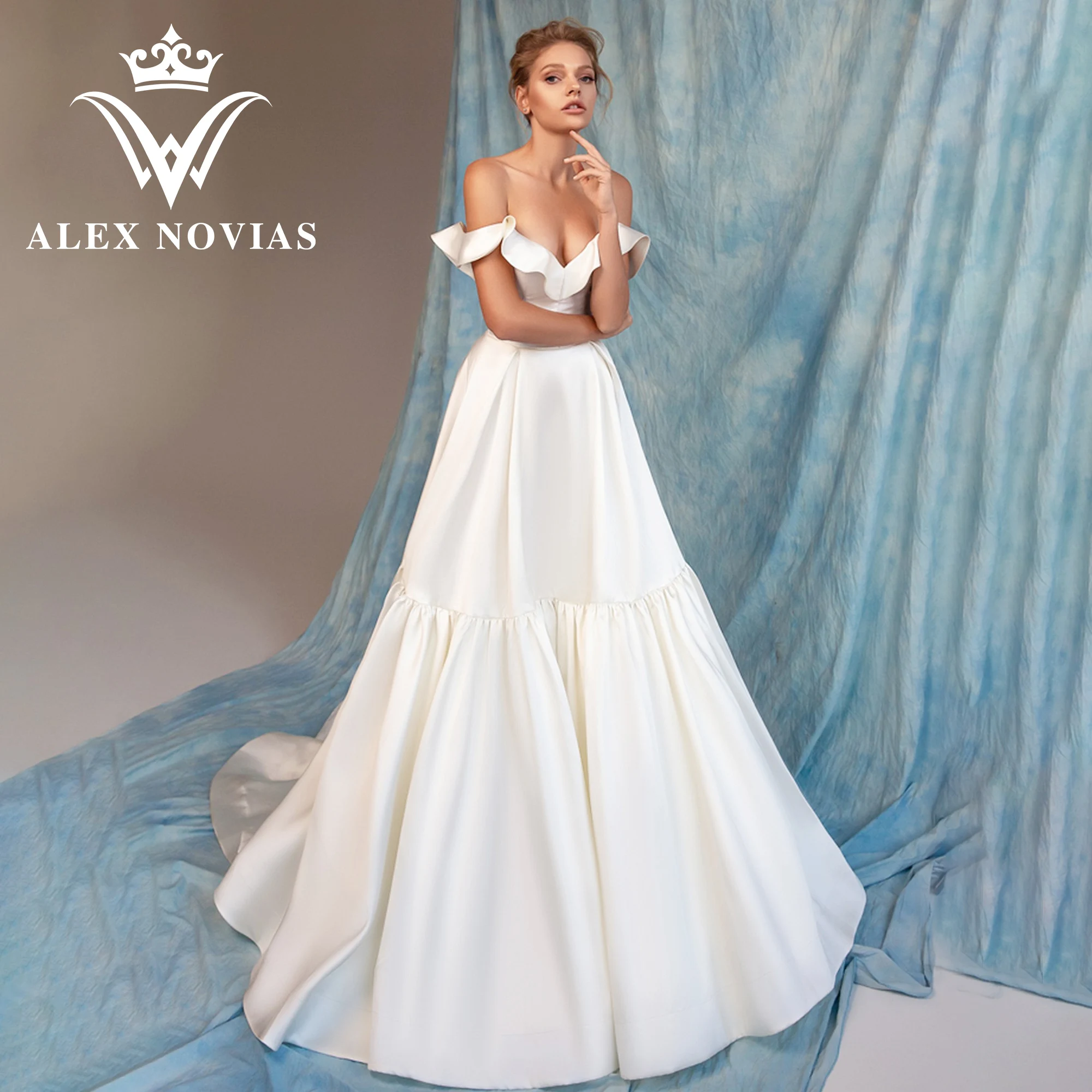 

ALEX NOVIAS A-Line Satin Wedding Dress 2023 Sweetheart Off the Shoulder RUFFLES Pleat Chic Wedding Gown Vestidos Novias De Saten