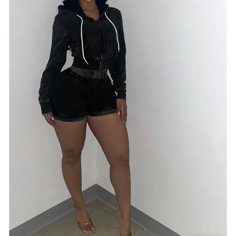 

Fitness Women's Washed Hooded 2 Piece Set Zipper Crop Top + High Waist Shorts Y2K Streetwear 2026 Summer Tracksuit Casual Outfit