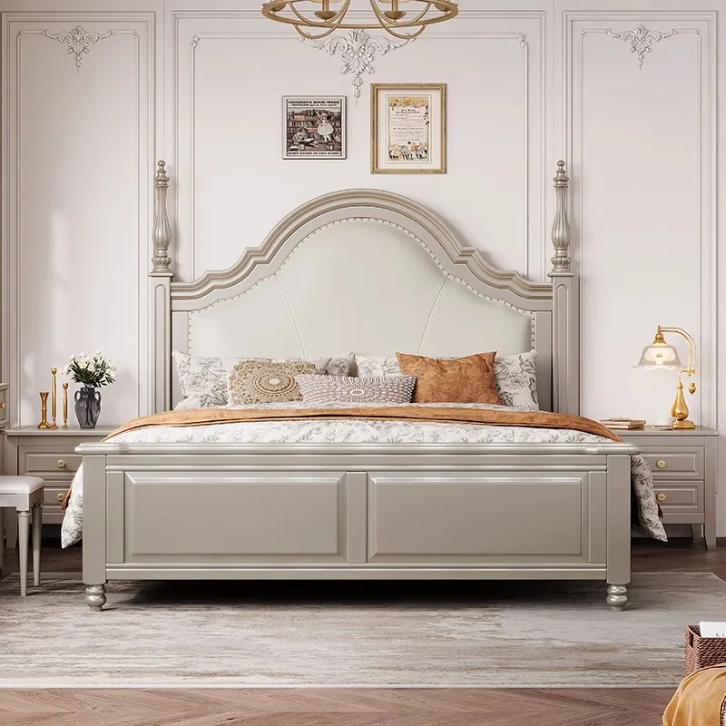 French bed 2m x 2m 2 double beds light luxury master bedroom Meike silver premium leather American solid wood bed government sub