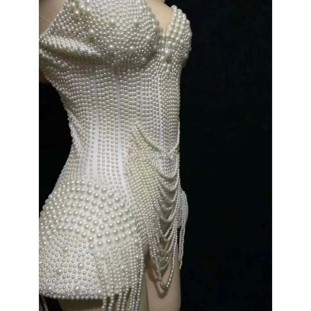 Nightclub Singer Dancer Performance Stage Wear Jazz White Beaded Pearls Tassel Women Party Bodysuits Sleeveless Mesh Jumpsuits
